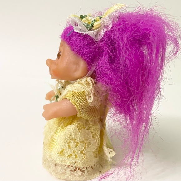 Vtg 1986 Dam Troll Mini Purple Hair Yellow Dress - Picture 6 of 16
